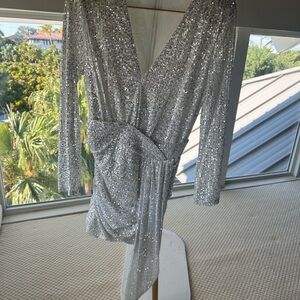 Silver Sequin Long Sleeve Dress